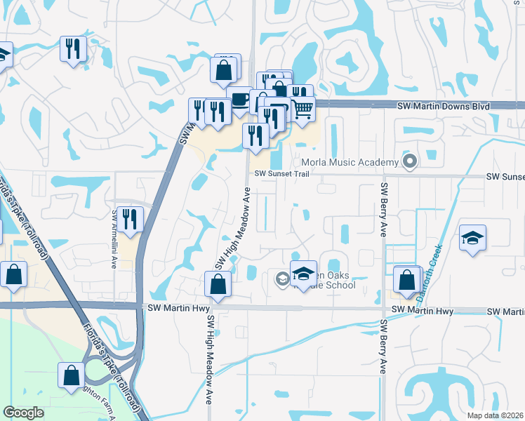 map of restaurants, bars, coffee shops, grocery stores, and more near 3157 Alexander Court in Palm City