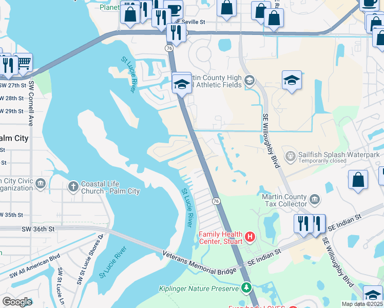 map of restaurants, bars, coffee shops, grocery stores, and more near 43 Southwest Watercress Way in Stuart