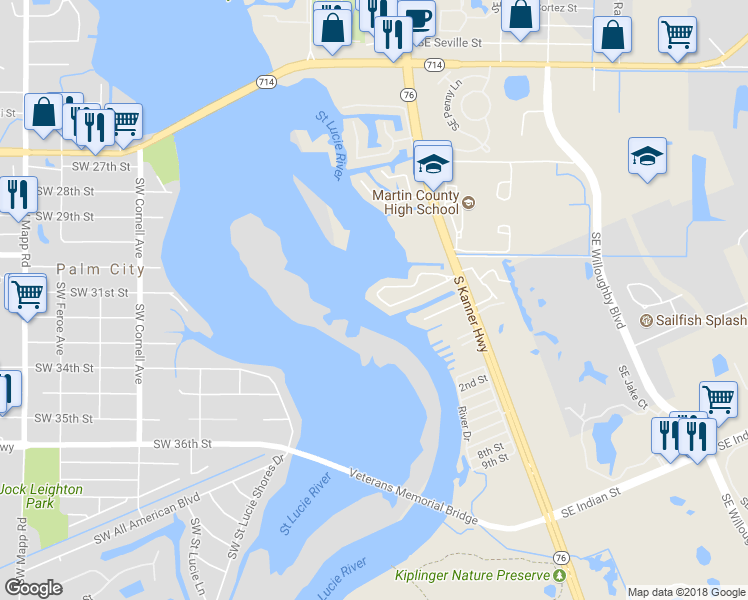 map of restaurants, bars, coffee shops, grocery stores, and more near 136 Southwest Cabana Point Circle in Stuart
