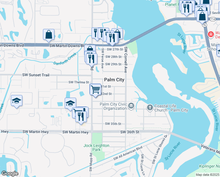 map of restaurants, bars, coffee shops, grocery stores, and more near 1000 Southwest 31st Street in Palm City