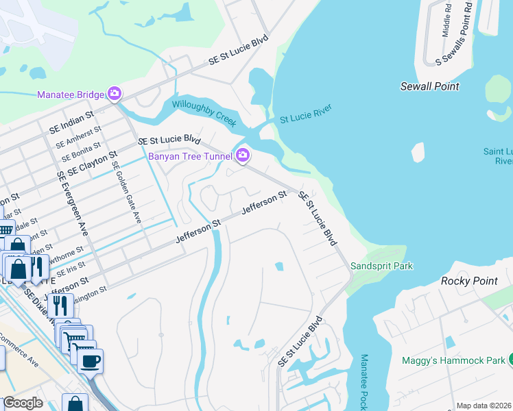 map of restaurants, bars, coffee shops, grocery stores, and more near 3800 Jefferson Street in Stuart