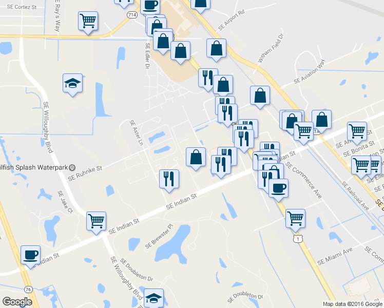 map of restaurants, bars, coffee shops, grocery stores, and more near 3031 Southeast Lexington Lakes Drive in Stuart