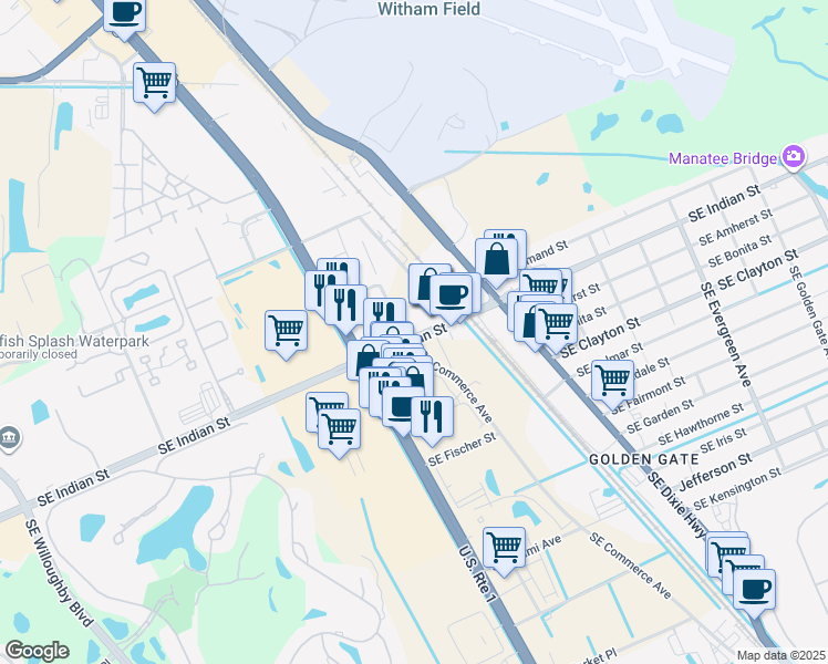 map of restaurants, bars, coffee shops, grocery stores, and more near 3601 Southeast Commerce Avenue in Stuart