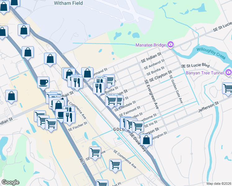 map of restaurants, bars, coffee shops, grocery stores, and more near 2554 Southeast Clayton Street in Stuart