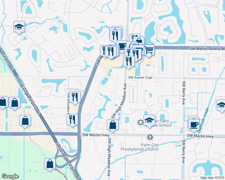 map of restaurants, bars, coffee shops, grocery stores, and more near 3619 Southwest Sunset Trace Circle in Palm City