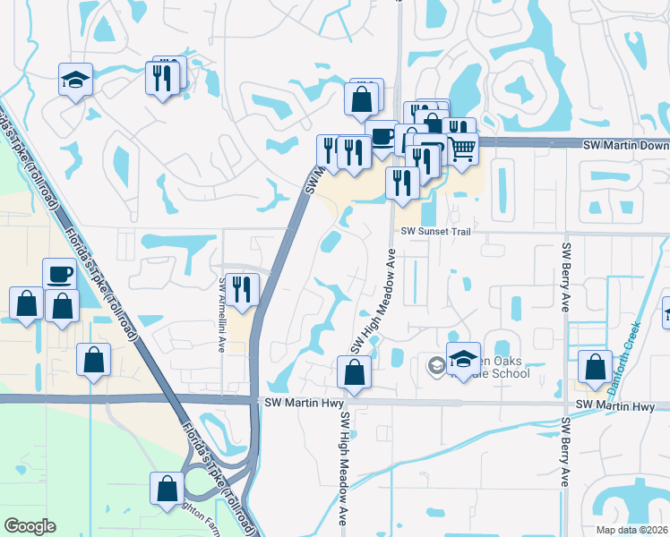 map of restaurants, bars, coffee shops, grocery stores, and more near 2987 Southwest Sunset Trace Circle in Palm City