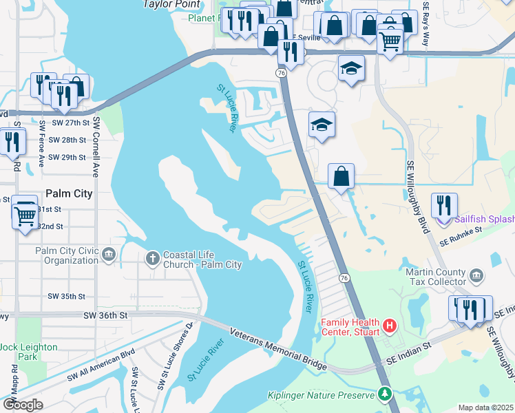 map of restaurants, bars, coffee shops, grocery stores, and more near 136 Southwest Cabana Point Circle in Stuart