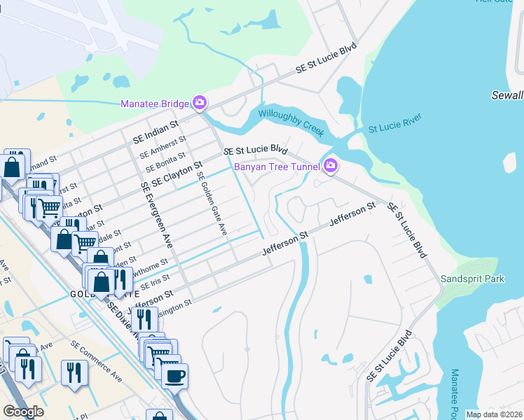 map of restaurants, bars, coffee shops, grocery stores, and more near 3075 Southeast Glasgow Drive in Stuart