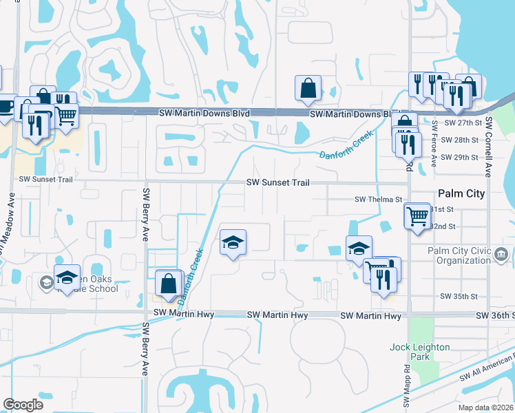 map of restaurants, bars, coffee shops, grocery stores, and more near 3082 Southwest Grapevine Lane in Palm City