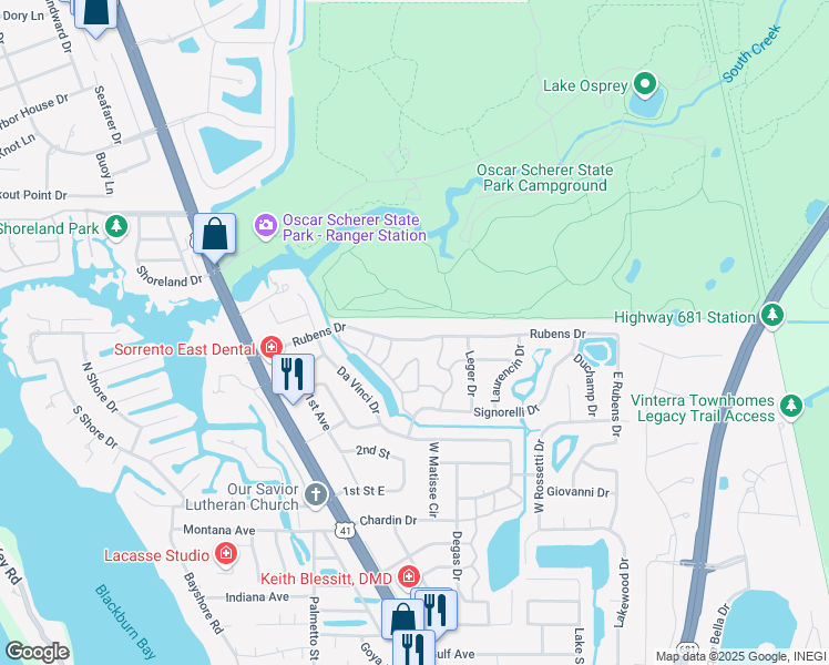 map of restaurants, bars, coffee shops, grocery stores, and more near 215 Rubens Drive in Nokomis