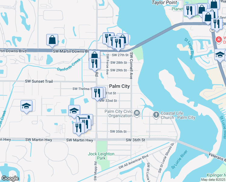 map of restaurants, bars, coffee shops, grocery stores, and more near 1000 Southwest 31st Street in Palm City