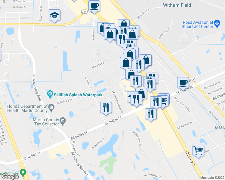 map of restaurants, bars, coffee shops, grocery stores, and more near Southeast Lexington Lakes Drive in Stuart