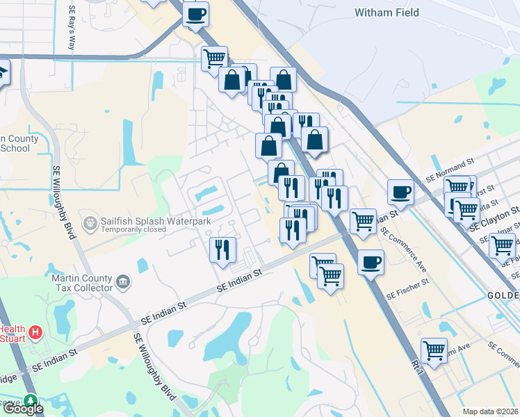 map of restaurants, bars, coffee shops, grocery stores, and more near 1580 Southeast Sheffield Terrace in Stuart