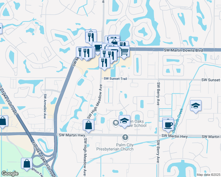map of restaurants, bars, coffee shops, grocery stores, and more near 3094 Southwest Seaboard Avenue in Palm City
