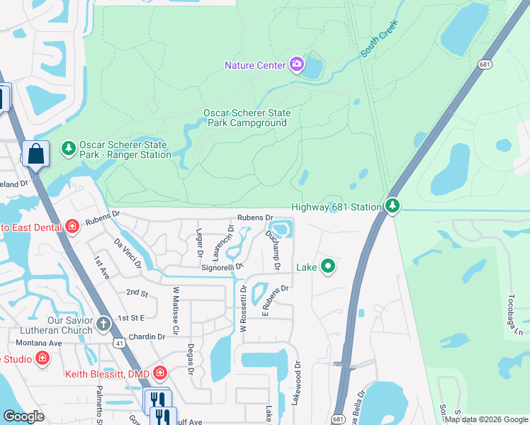 map of restaurants, bars, coffee shops, grocery stores, and more near 415 Rubens Drive in Nokomis