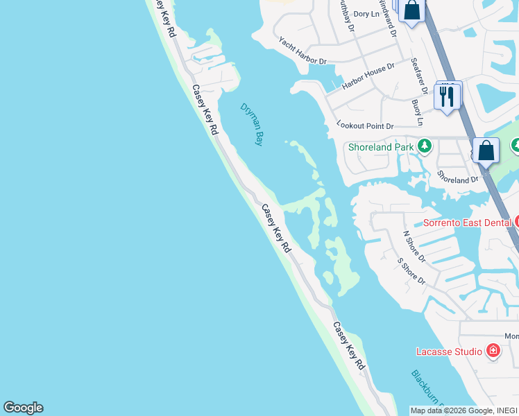 map of restaurants, bars, coffee shops, grocery stores, and more near 3196 Casey Key Road in Nokomis
