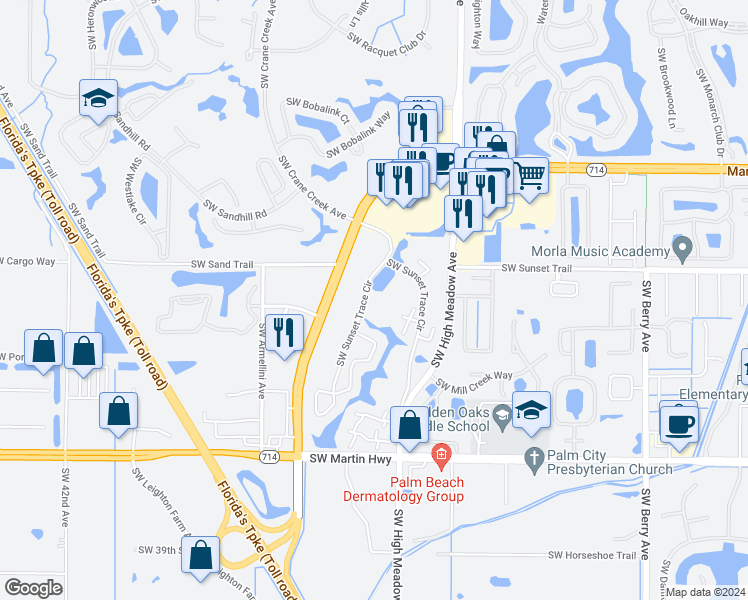 map of restaurants, bars, coffee shops, grocery stores, and more near 3033 Southwest Sunset Trace Circle in Palm City