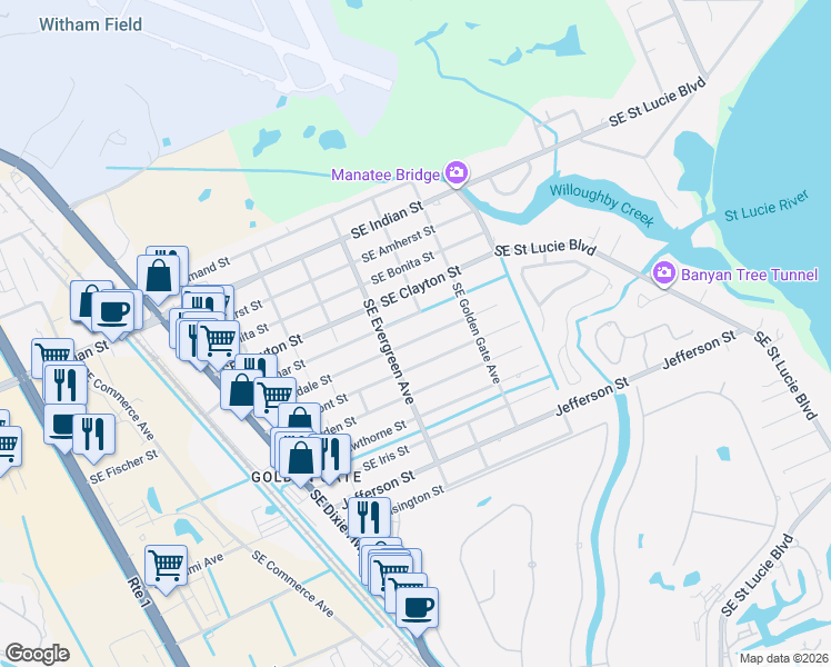 map of restaurants, bars, coffee shops, grocery stores, and more near 3025 Southeast Delmar Street in Stuart