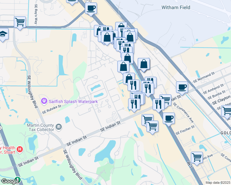 map of restaurants, bars, coffee shops, grocery stores, and more near 1580 Southeast Sheffield Terrace in Stuart