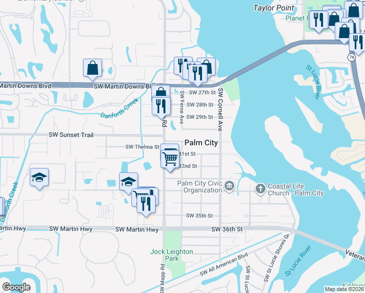 map of restaurants, bars, coffee shops, grocery stores, and more near 3075 Southwest Feroe Avenue in Palm City