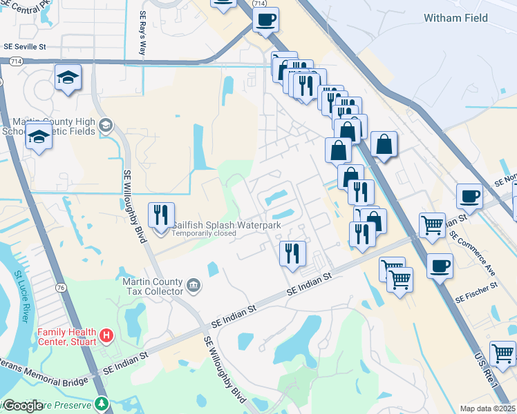 map of restaurants, bars, coffee shops, grocery stores, and more near 3081 Southeast Aster Lane in Stuart