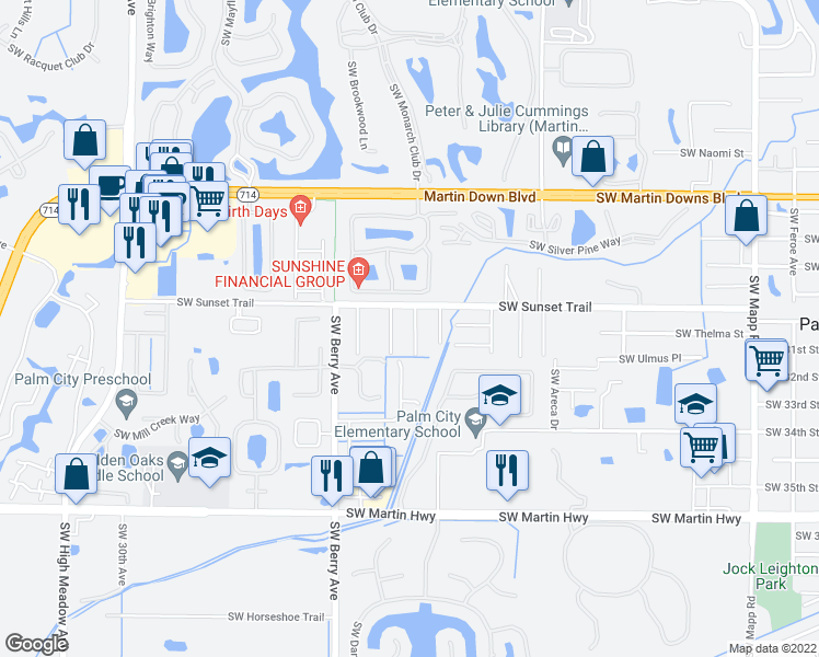 map of restaurants, bars, coffee shops, grocery stores, and more near 3058 Southwest Virginia Avenue in Palm City