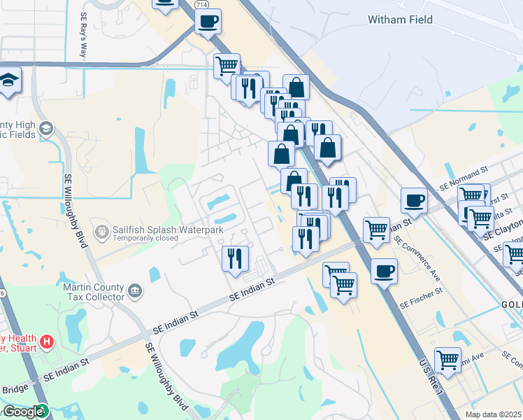 map of restaurants, bars, coffee shops, grocery stores, and more near 3031 Southeast Lexington Lakes Drive in Stuart