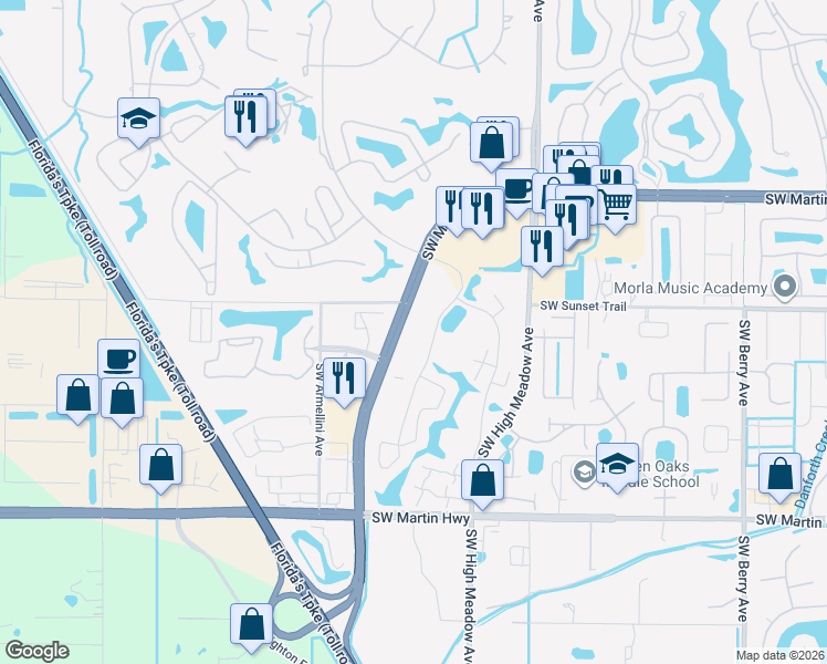 map of restaurants, bars, coffee shops, grocery stores, and more near 2956 Southwest Sunset Trace Circle in Palm City