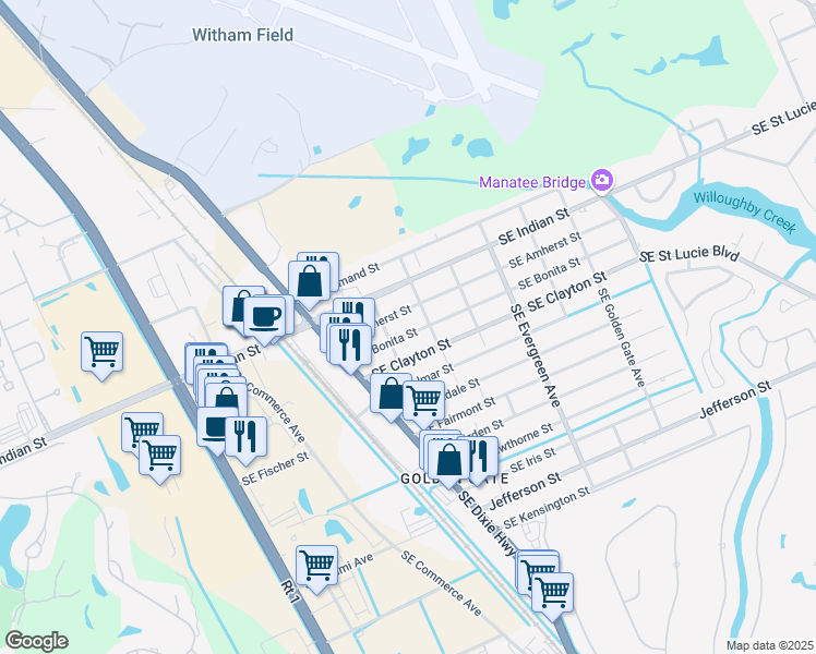 map of restaurants, bars, coffee shops, grocery stores, and more near 2605 Southeast Bonita Street in Stuart