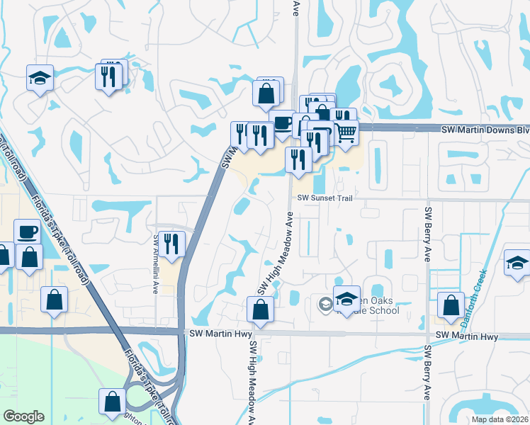 map of restaurants, bars, coffee shops, grocery stores, and more near 3672 Southwest Sunset Trace Circle in Palm City
