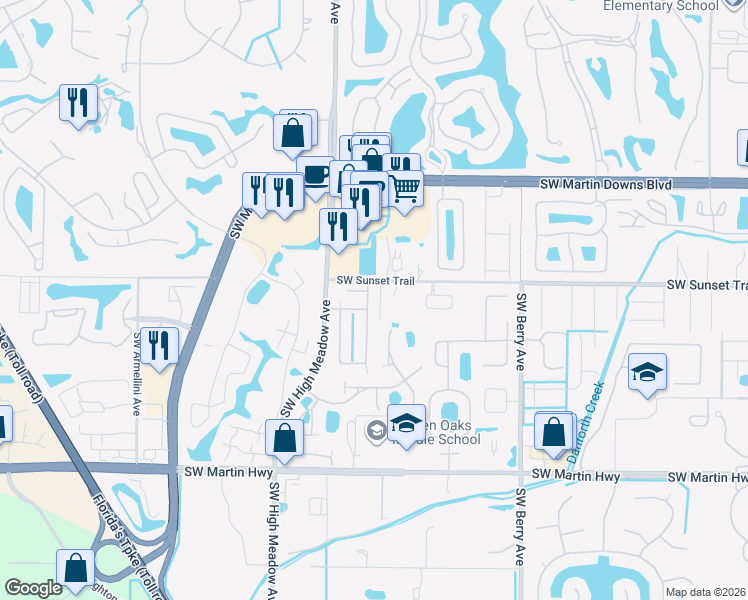 map of restaurants, bars, coffee shops, grocery stores, and more near 3039 Southwest Seaboard Avenue in Palm City