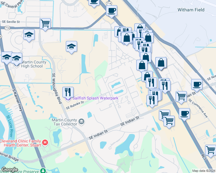 map of restaurants, bars, coffee shops, grocery stores, and more near 3081 Southeast Aster Lane in Stuart