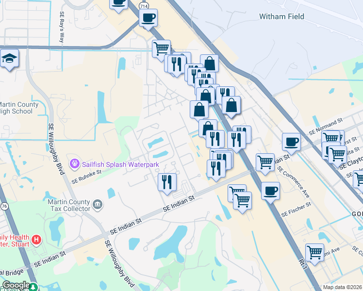 map of restaurants, bars, coffee shops, grocery stores, and more near 3031 Southeast Lexington Lakes Drive in Stuart