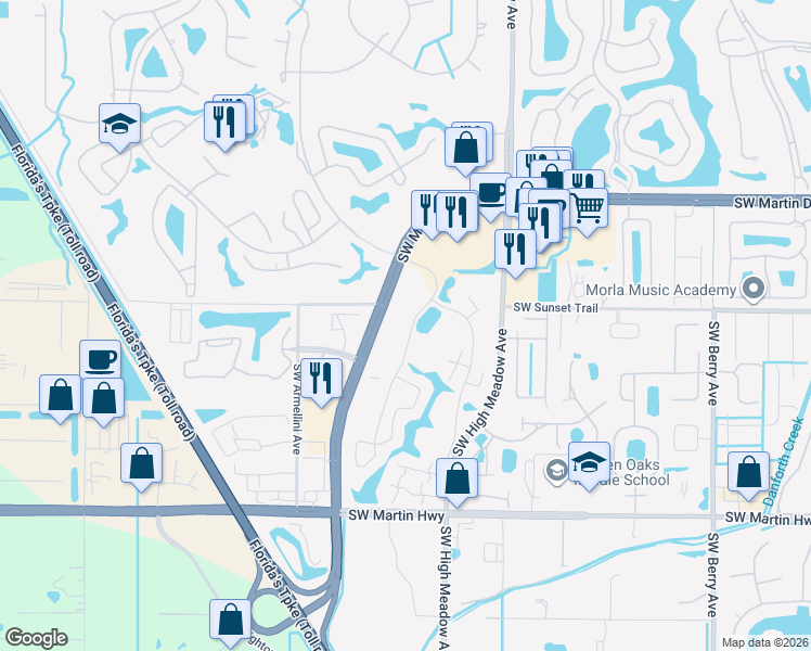 map of restaurants, bars, coffee shops, grocery stores, and more near 2956 Southwest Sunset Trace Circle in Palm City