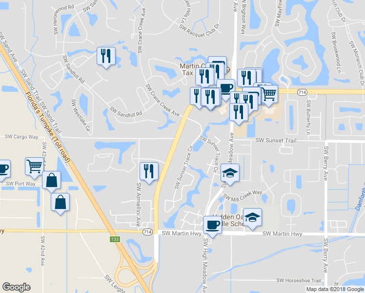 map of restaurants, bars, coffee shops, grocery stores, and more near 2986 Southwest Sunset Trace Circle in Palm City