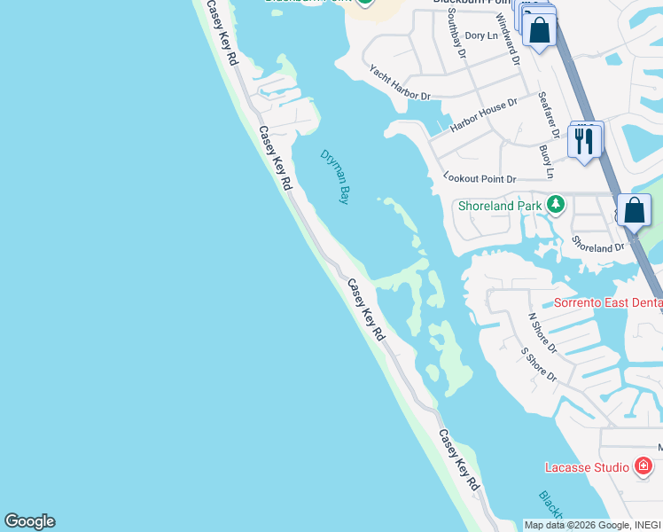 map of restaurants, bars, coffee shops, grocery stores, and more near 3205 Casey Key Road in Nokomis