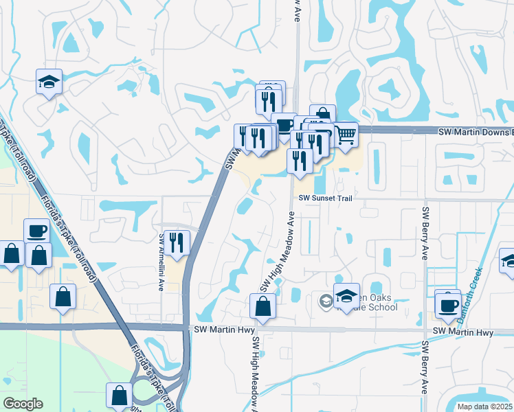 map of restaurants, bars, coffee shops, grocery stores, and more near 3729 Southwest Sunset Trace Circle in Palm City