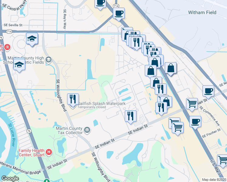map of restaurants, bars, coffee shops, grocery stores, and more near 3081 Southeast Aster Lane in Stuart