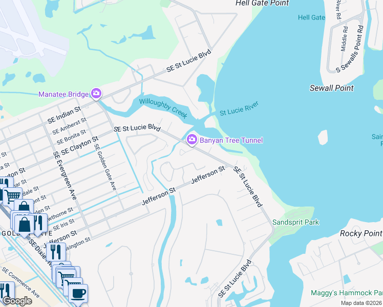 map of restaurants, bars, coffee shops, grocery stores, and more near 3778 Southeast Bent Banyan Way in Stuart