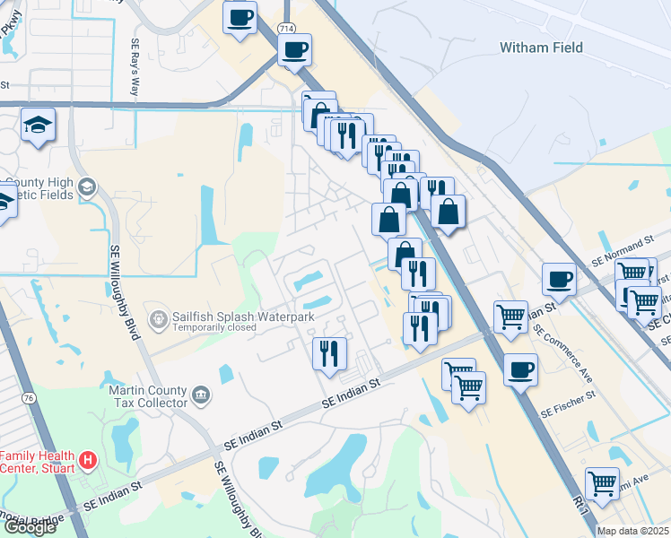 map of restaurants, bars, coffee shops, grocery stores, and more near 2999 Southeast Lexington Lakes Drive in Stuart