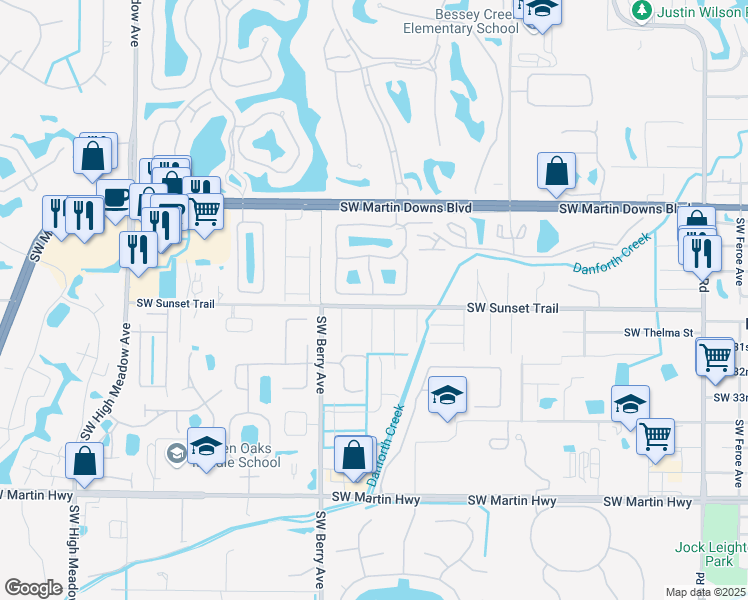 map of restaurants, bars, coffee shops, grocery stores, and more near 2899 Southwest Shinnecock Hills Court in Palm City