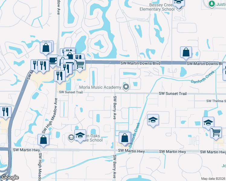 map of restaurants, bars, coffee shops, grocery stores, and more near 2949 Southwest Venice Court in Palm City