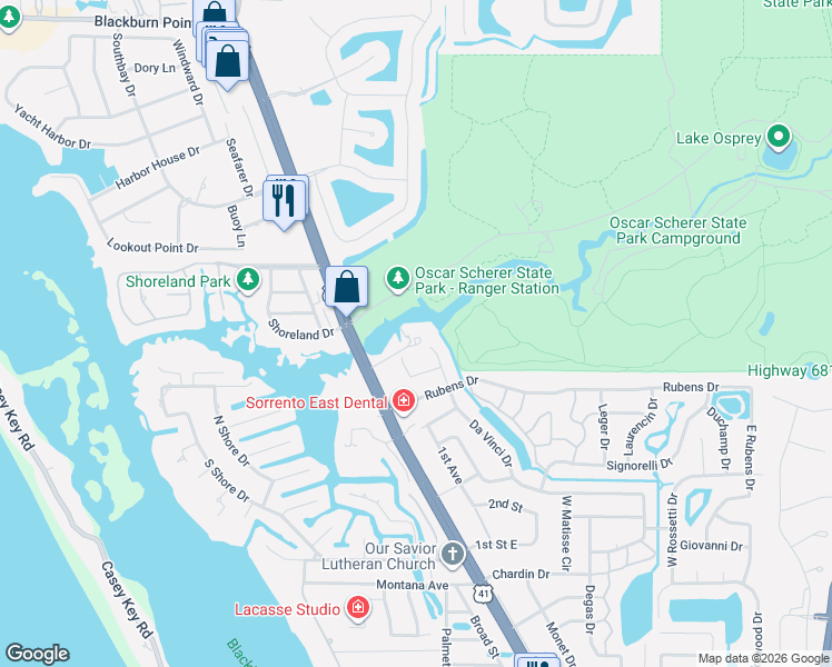 map of restaurants, bars, coffee shops, grocery stores, and more near 101 Da Vinci Drive in Nokomis