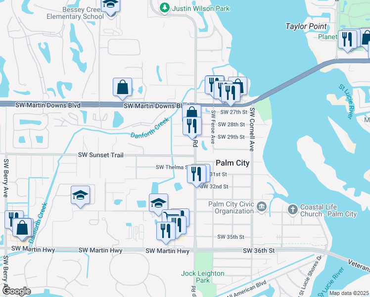 map of restaurants, bars, coffee shops, grocery stores, and more near 1325 Southwest 29th Street in Palm City