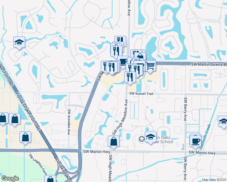 map of restaurants, bars, coffee shops, grocery stores, and more near 3764 Southwest Sunset Trace Circle in Palm City