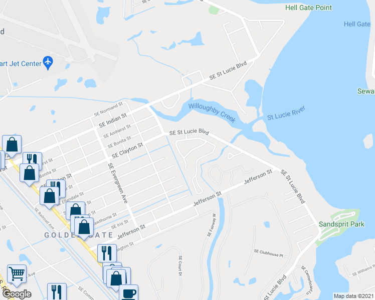 map of restaurants, bars, coffee shops, grocery stores, and more near 3443 Southeast Narragansett Terrace in Stuart