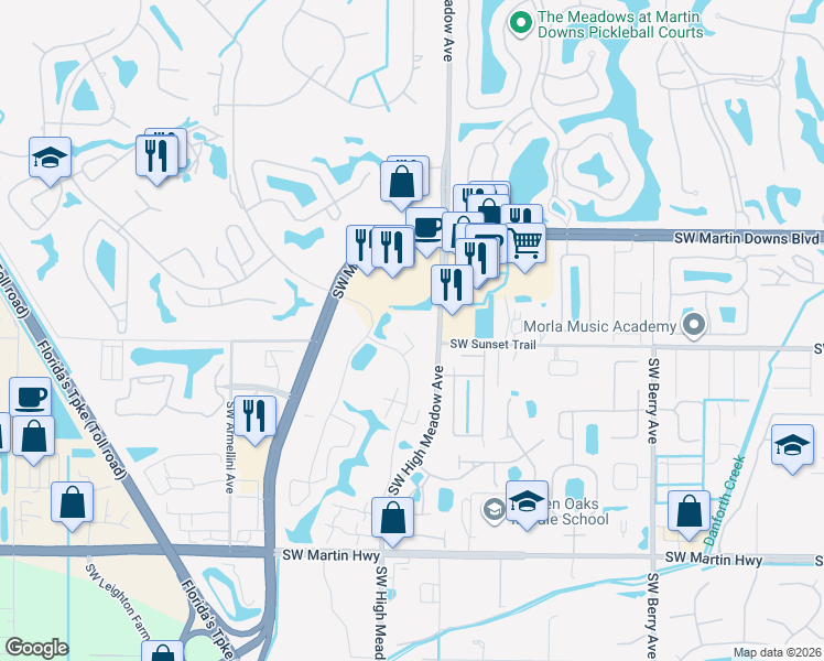map of restaurants, bars, coffee shops, grocery stores, and more near 3722 Southwest Sunset Trace Circle in Palm City