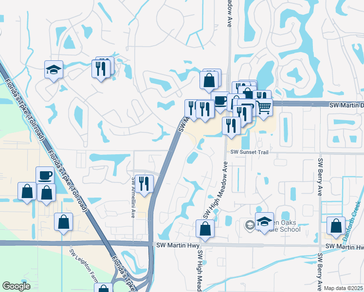 map of restaurants, bars, coffee shops, grocery stores, and more near 2920 Southwest Sunset Trace Circle in Palm City