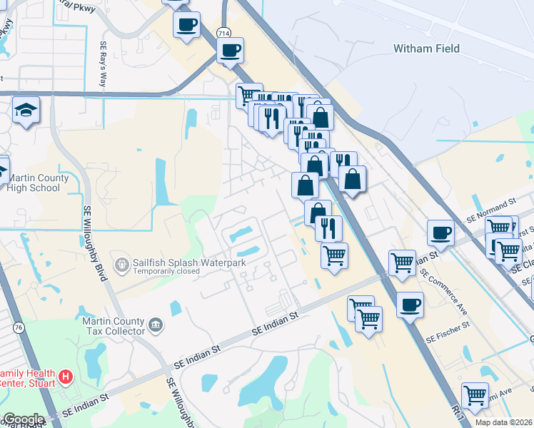 map of restaurants, bars, coffee shops, grocery stores, and more near 2811 Southeast Birmingham Drive in Stuart