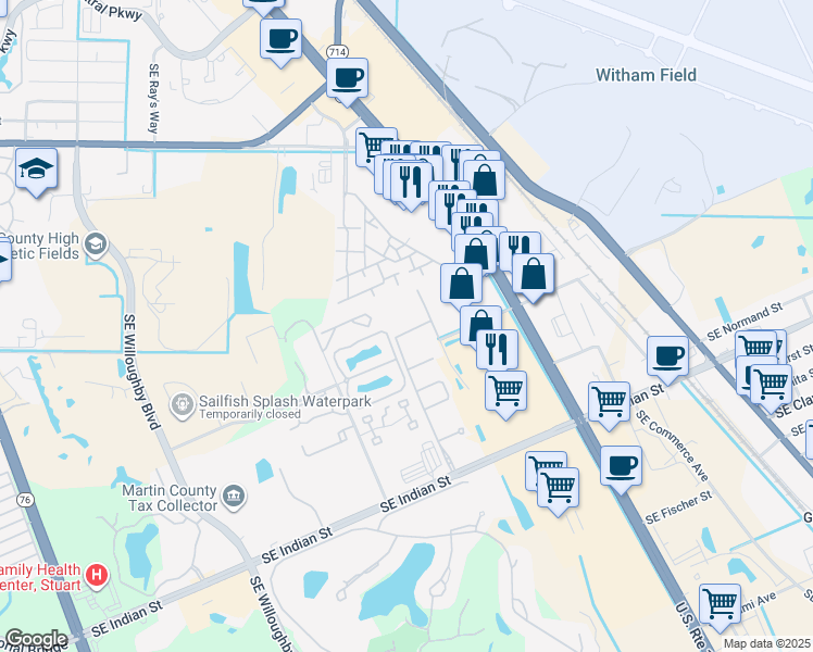 map of restaurants, bars, coffee shops, grocery stores, and more near 2811 Southeast Birmingham Drive in Stuart